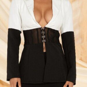 Color block White Black Long Sleeve V Neck Lapel Sheer Mesh Hook & Eye Blazer